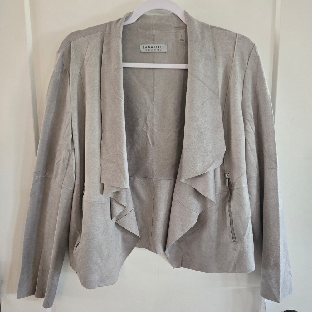 Bagatelle Collection Grey Faux Suede Draped Open Front Jacket Large 66678 - Picture 2 of 11